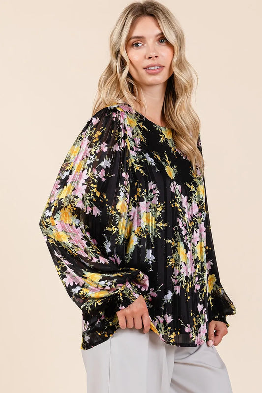 Mittoshop Satin Gold Lurex Striped Long Sleeve Chiffon Top