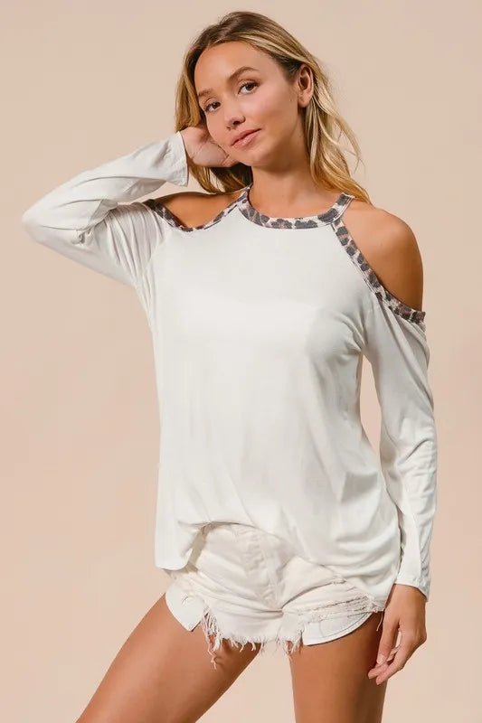 BiBi Jersey Knit Cold Shoulder Top with Leopard Neck