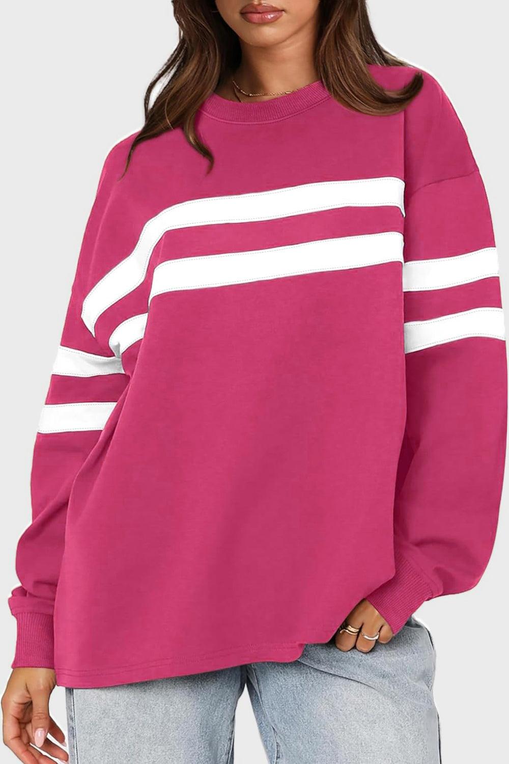 Lovelet Striped Round Neck Dropped Shoulder Sweatshirt Cerise