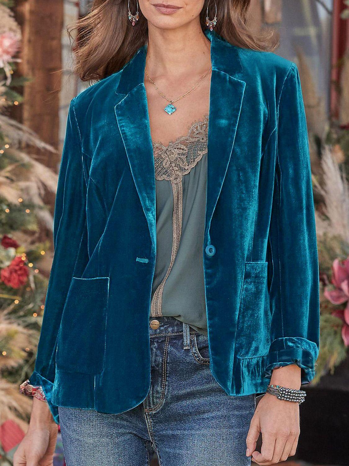 Pocketed Button Up Lapel Collar Blazer Peacock Blue