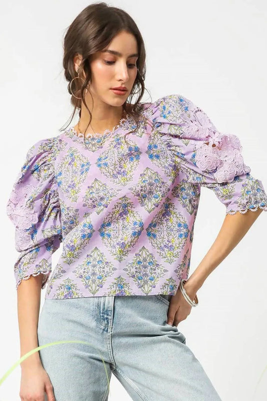 Umgee Printed Lace Puff Sleeve Blouse Pink Purple