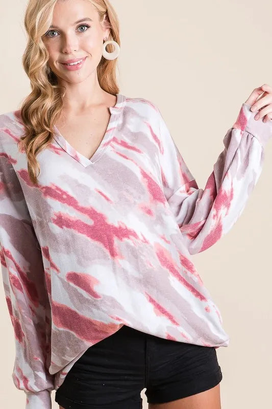 BiBi Tie Dye French Terry Top with Balloon Sleeves