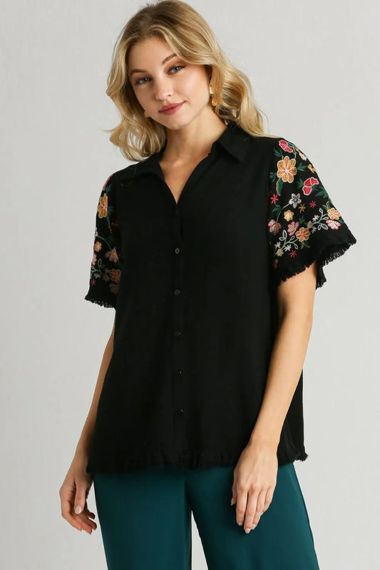 Umgee Full Size Linen Shirt with Embroidered Sleeves Plus Size Black