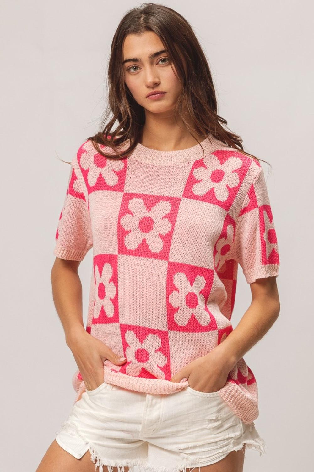 BiBi Flower Checker Pattern Short Sleeve Sweater Blush Fuchsia