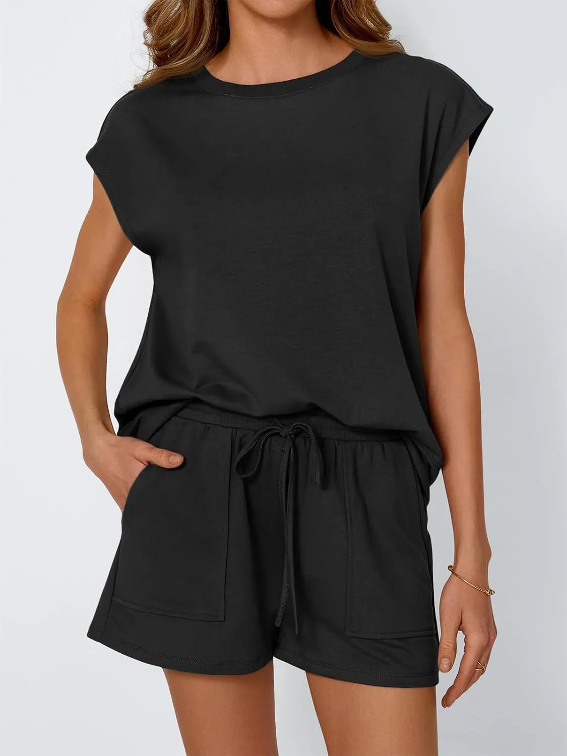 Round Neck Cap Sleeve Top and Shorts Set Black