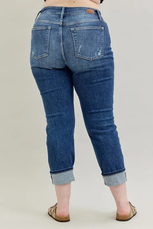 Judy Blue Full Size Mid Rise Cuffed Destroy Bf Jeans Plus Size