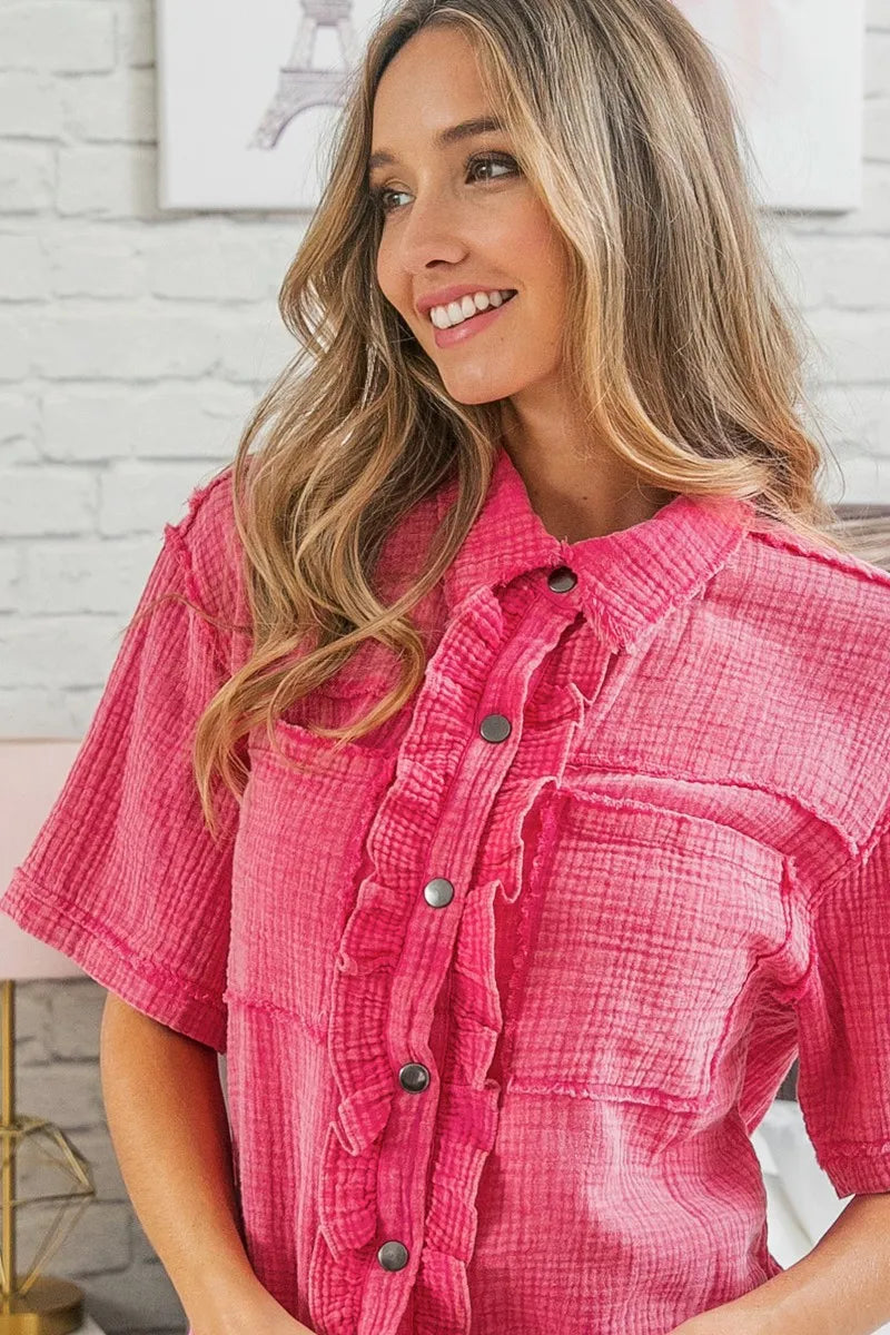 BiBi Mineral Washed Wrinkle Gauze Raw Edge Shirt Top