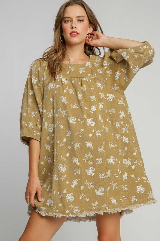 Umgee Raw Hem Floral Print Round Neck Denim Dress Mocha