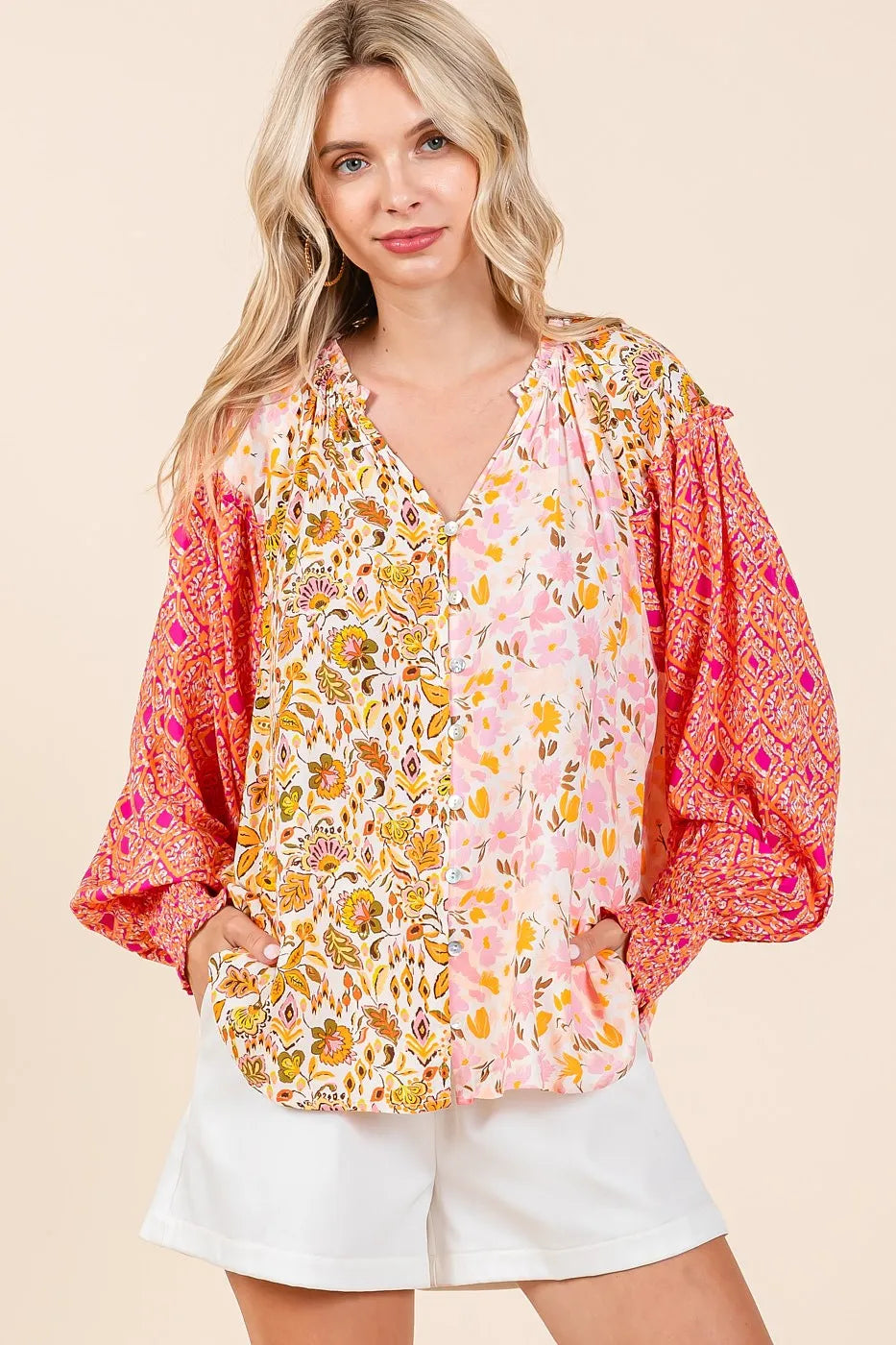 Mittoshop Mixed Patchwork Print Long Sleeve Blouse ORANGE PINK
