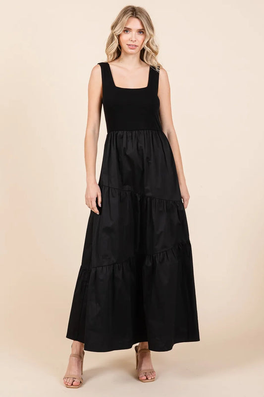 Mittoshop Mix Media Square Neck Maxi Dress BLACK