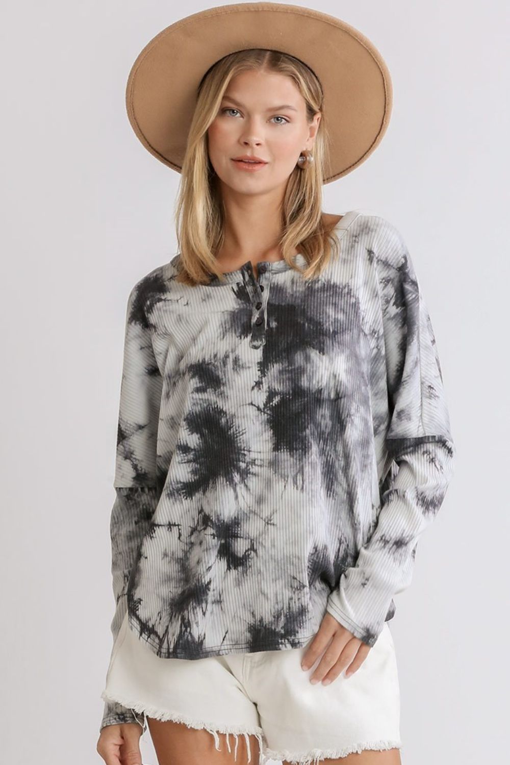 Umgee Full Size Tie Dye Round Neck Ribbed Button Front Top Plus Size Dark Gray