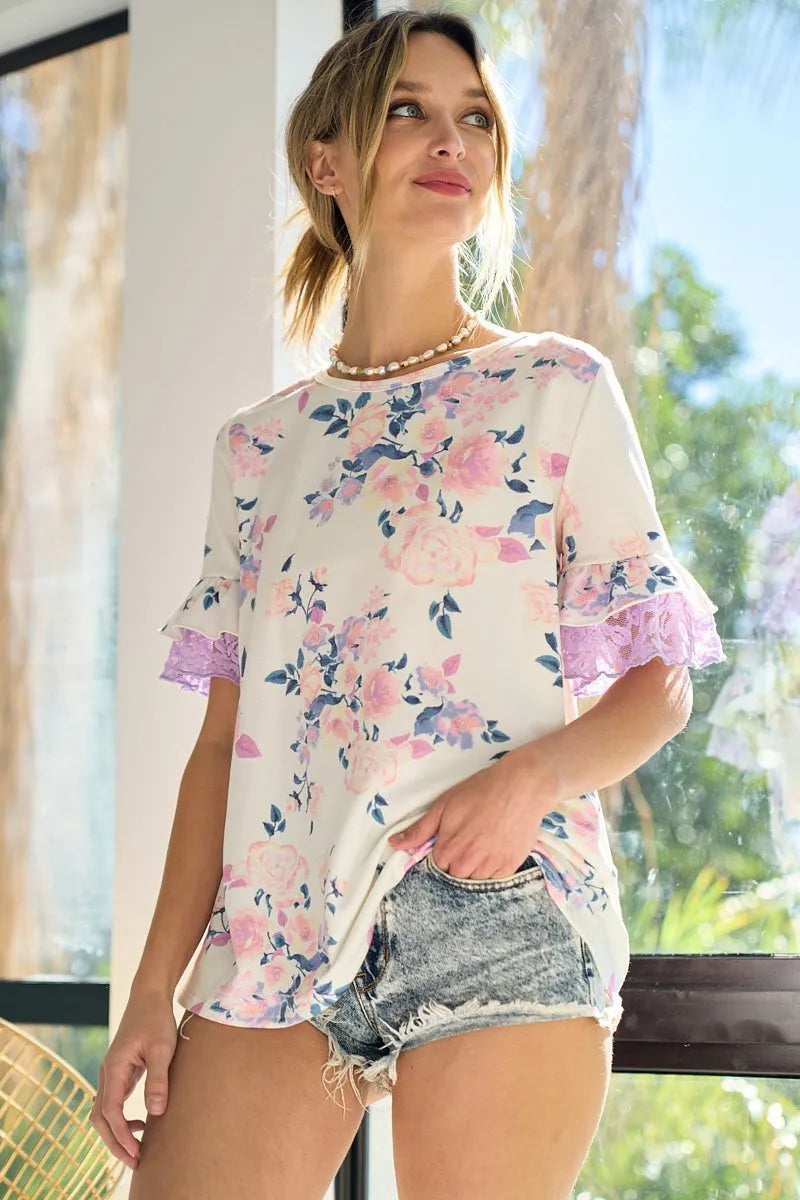 BiBi Floral Print French Terry with Lace Sleeve Top