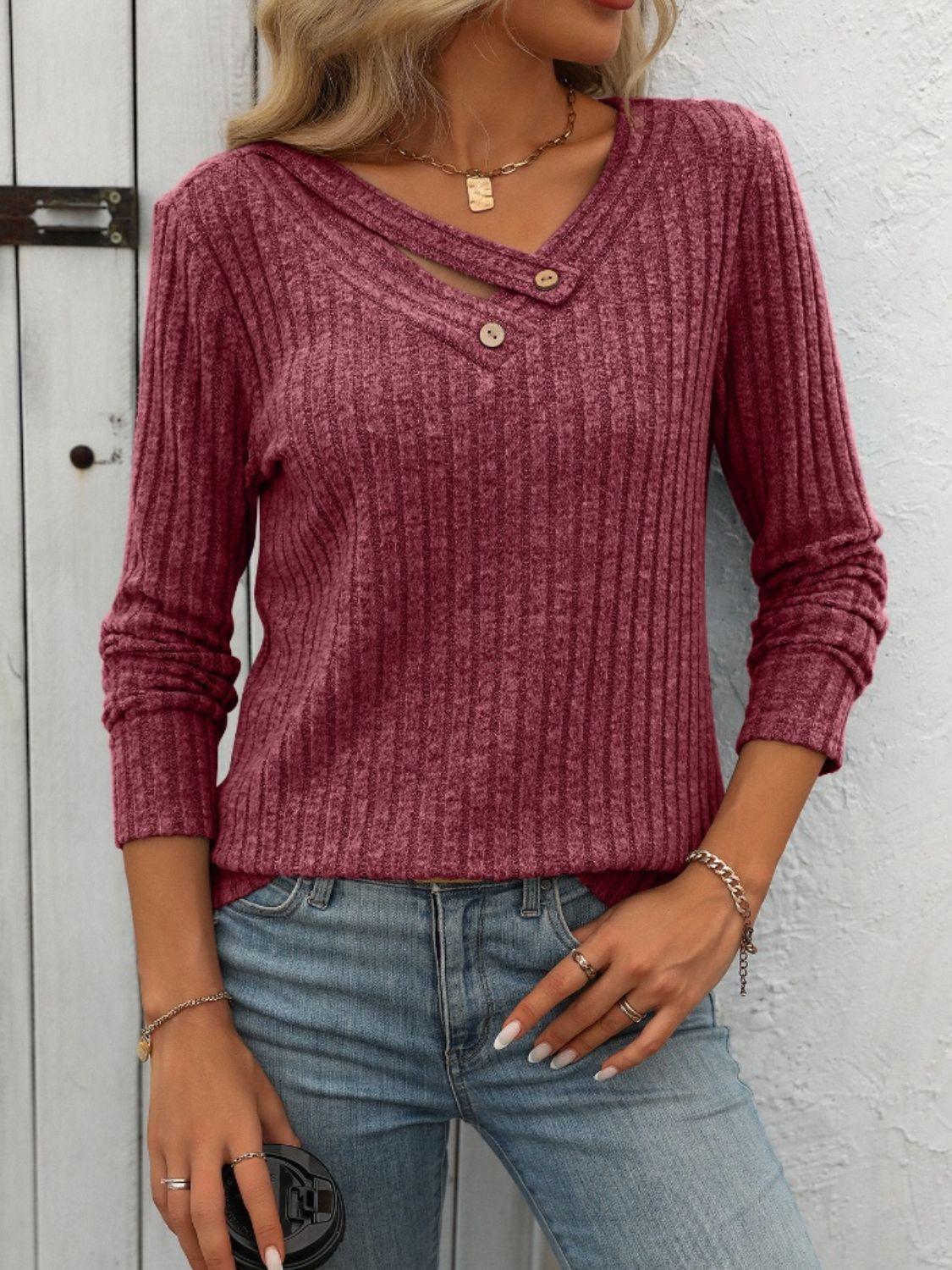 Mandy Ribbed V-Neck Long Sleeve T-Shirt Burgundy