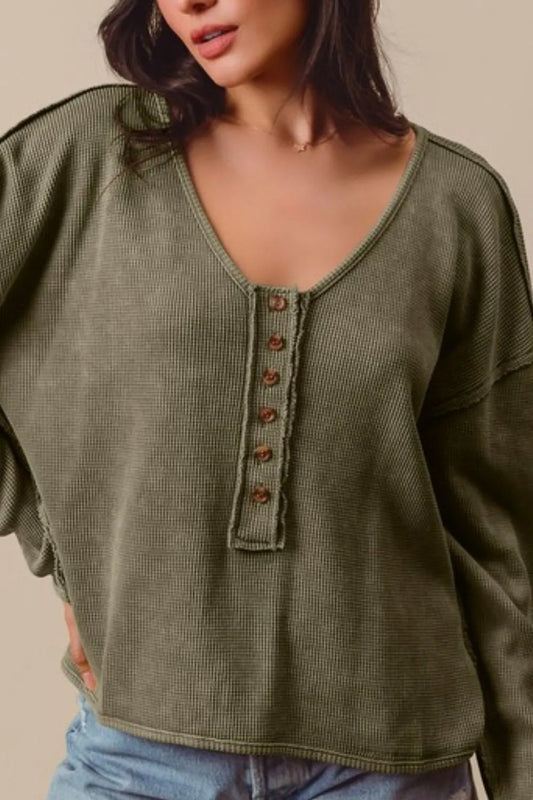 SO ME Frayed Cut Mineral Washed Deep V Neck Waffle Top