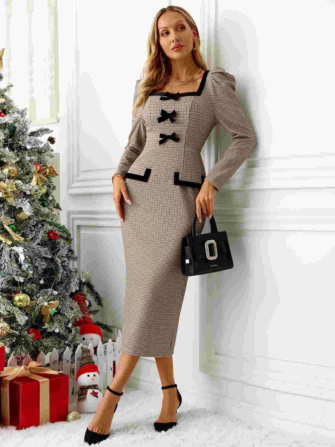Bow Plaid Square Neck Puff Sleeve Dress Taupe