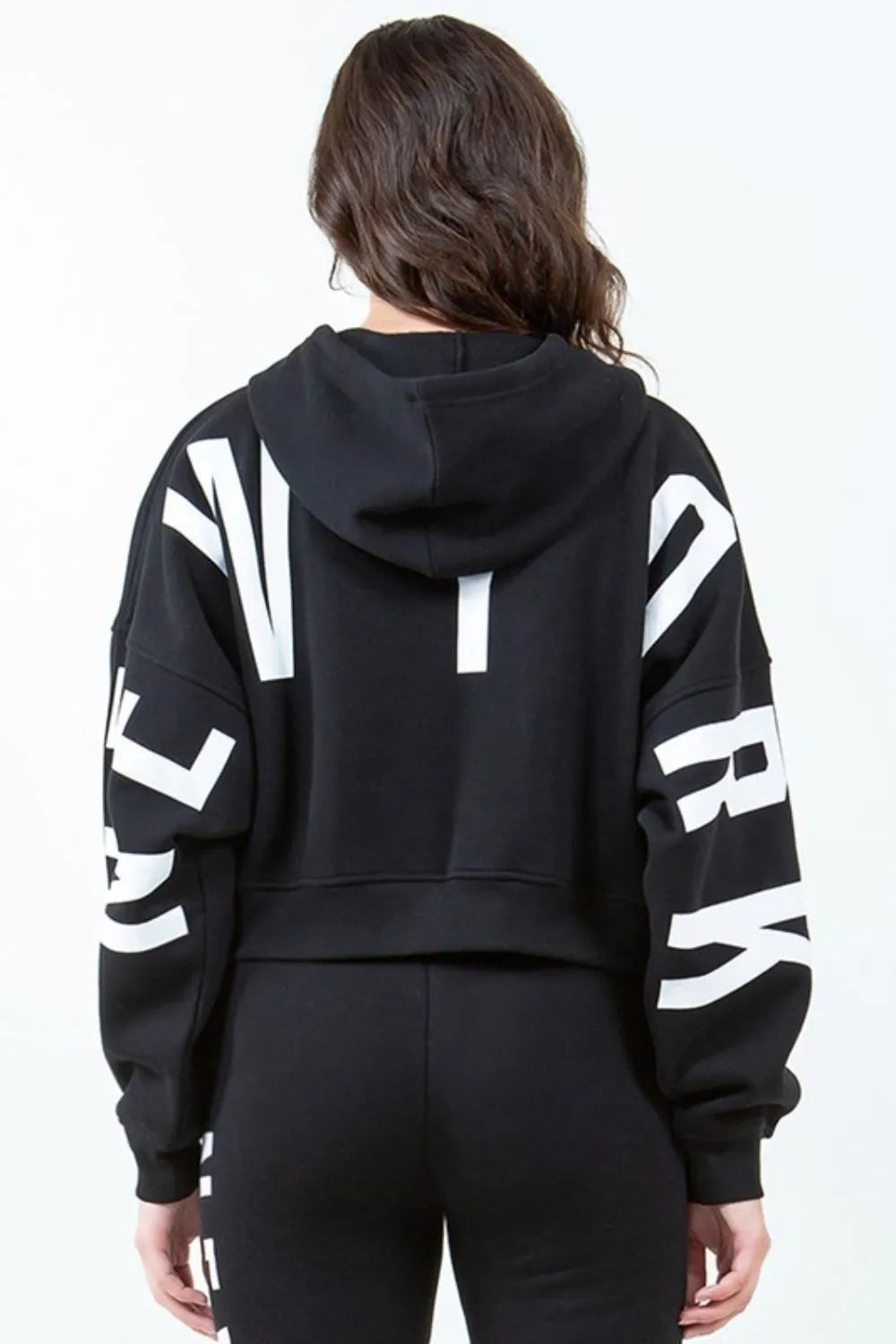 American Bazi Letter Graphic Long Sleeve Drawstring Cropped Hoodie Black