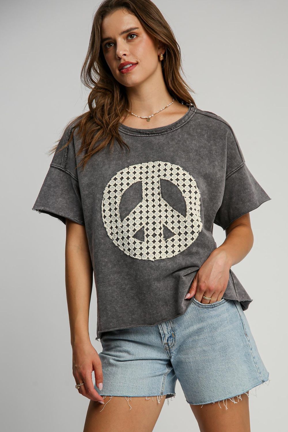 Umgee Full Size Mineral Wash T-Shirt with Lace Applique Plus Size CHARCOAL