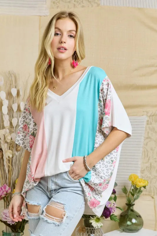 ADORA Colorblock Casual Knit Tunic Top PINK LEOPARD