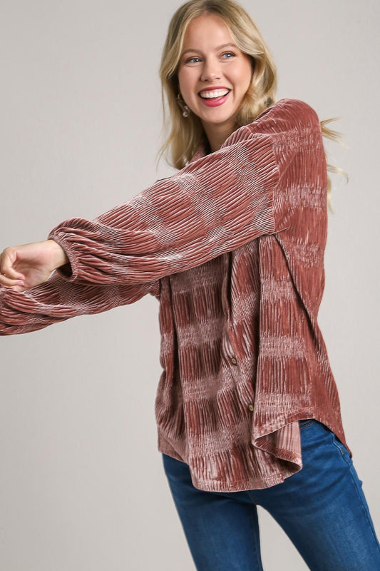 Umgee Ruched Tiered Button Up Shirt Red Bean