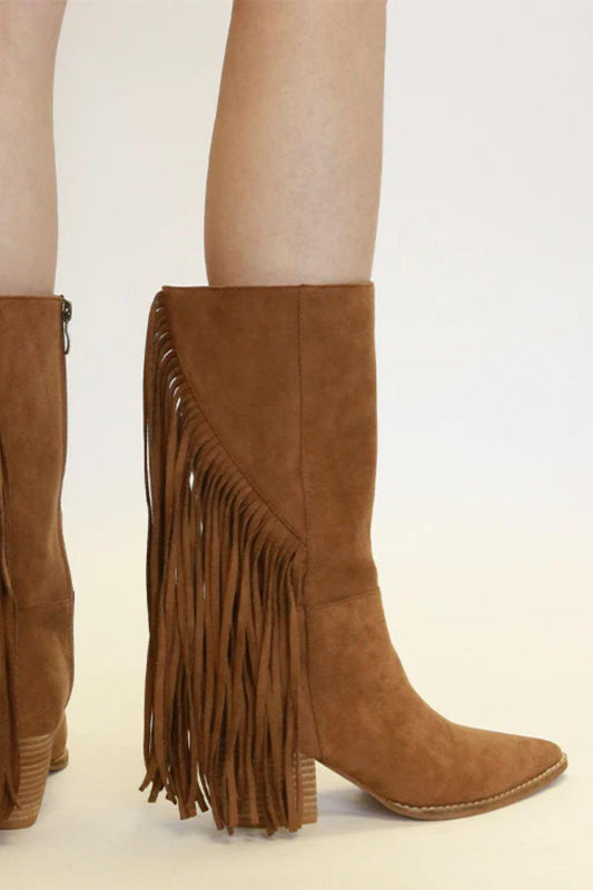 Beast Fashion Suede Fringe Point Toe Boots Coffee
