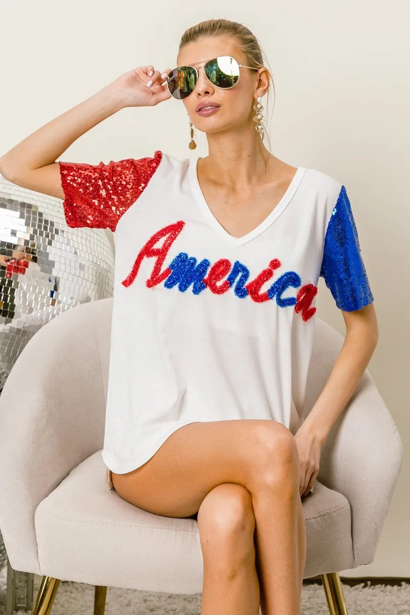 BiBi Metallic Letter V-neck Sequin Sleeves Top