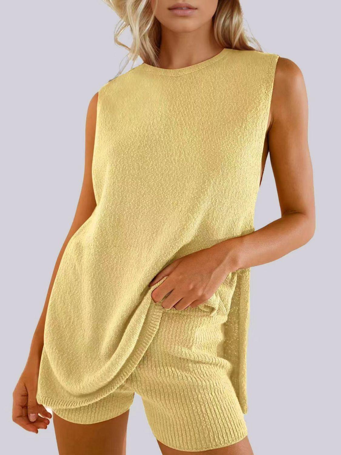 Mandy Side Slit Round Neck Tank and Shorts Sweater Set Yellow