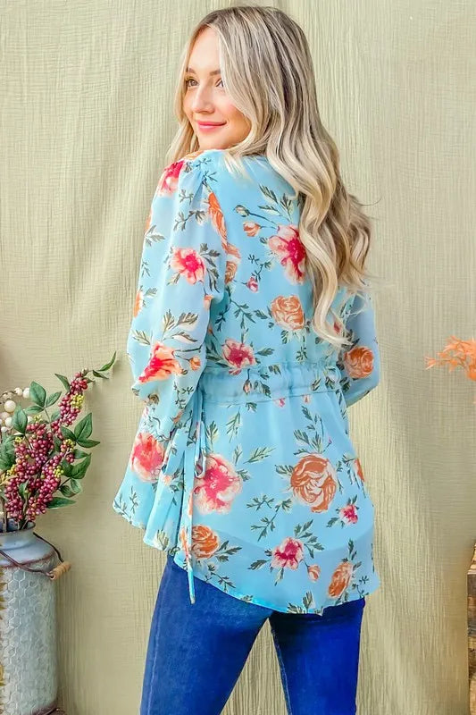 And The Why Floral Print Draw String Bell Sleeve Top