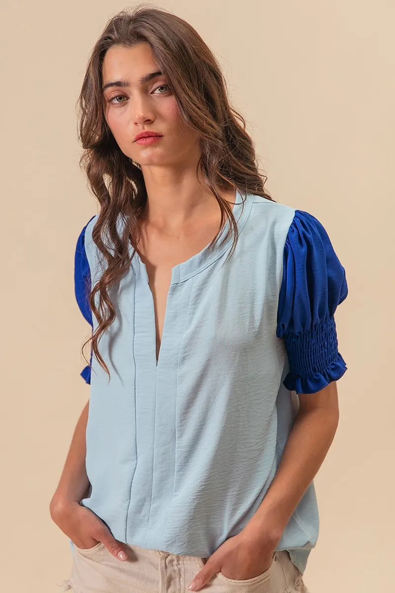 BiBi Air Flow Color Block Puff Sleeves V Neck Top