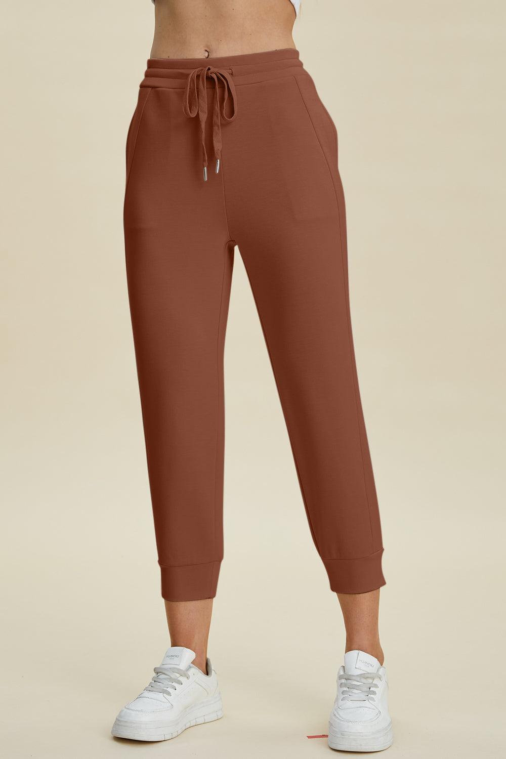 Basic Bae Full Size Air Scuba Drawstring High Waist Cropped Pants Caramel