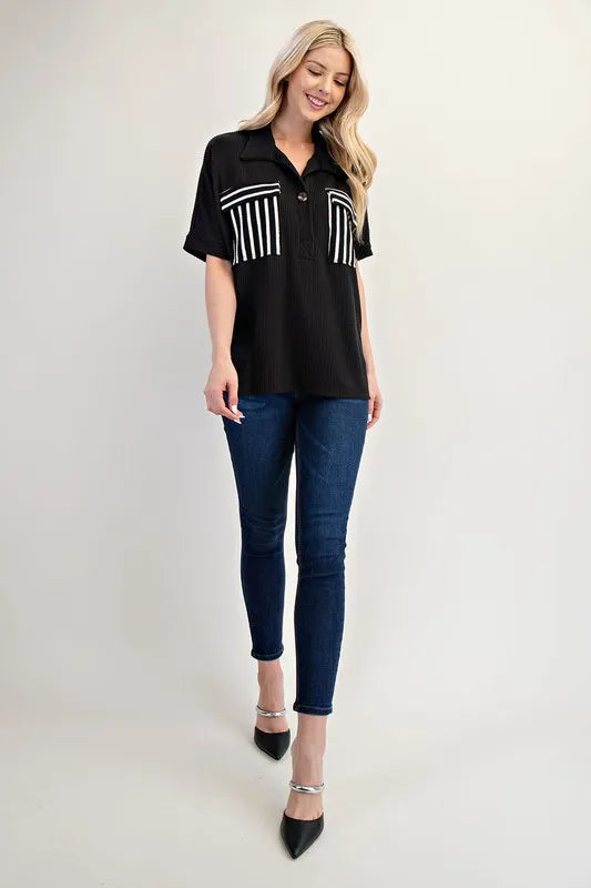 Celeste Full Size Rib Knit Collared Top with Striped Pockets Plus Size