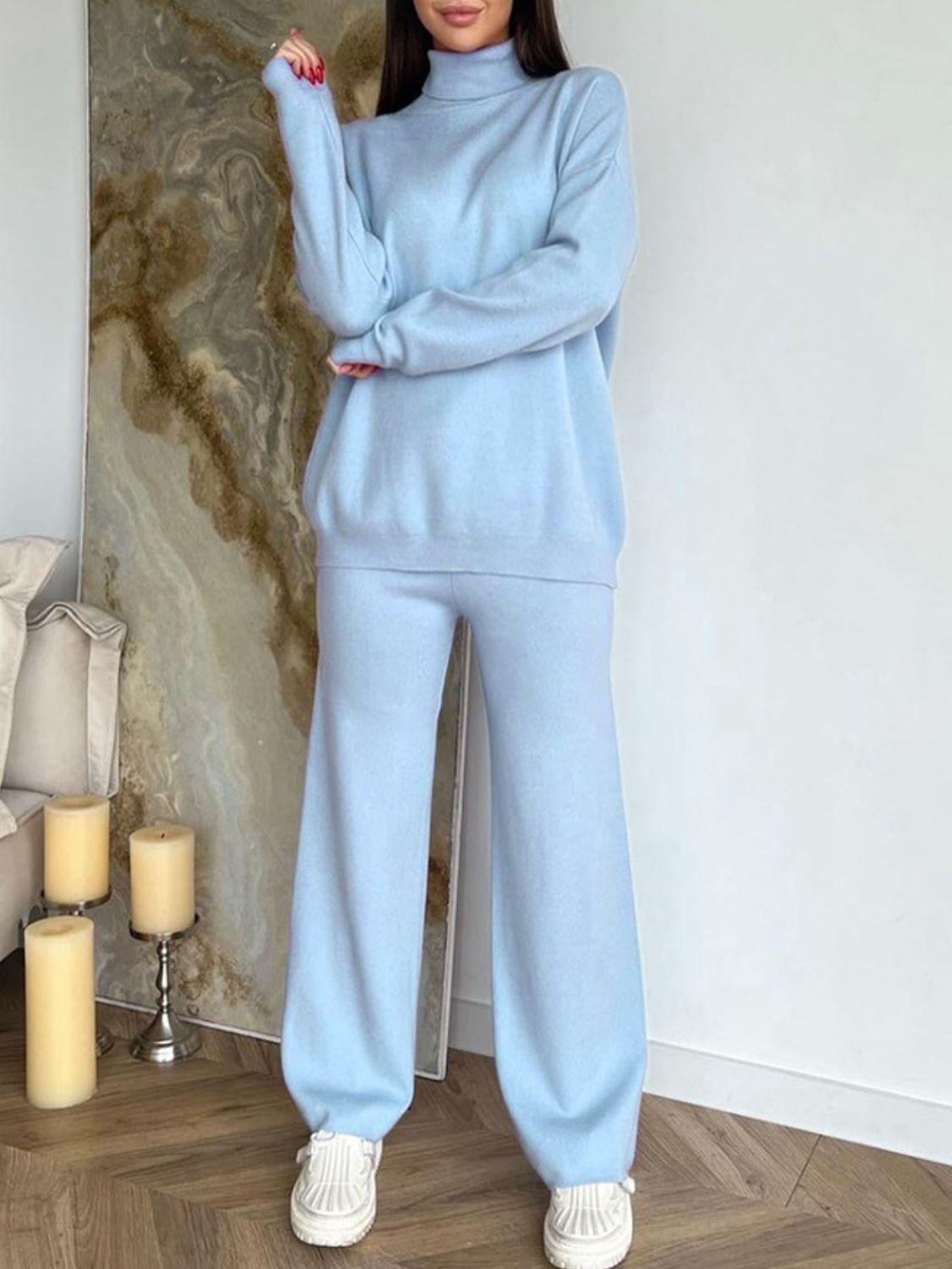 Turtleneck Long Sleeve Top and Drawstring Pants Sweater Set Light Blue One Size
