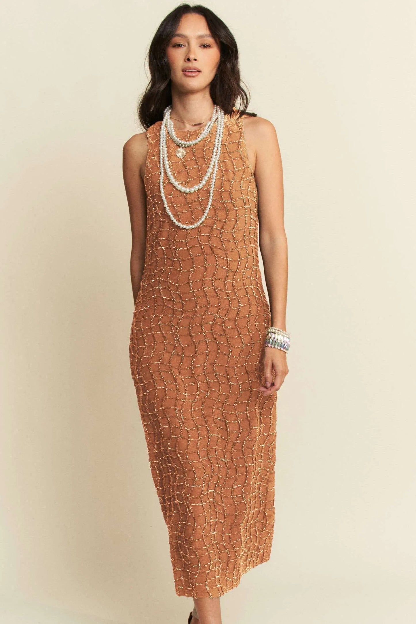 Davi & Dani Golden Textured Zippered Midi Dress