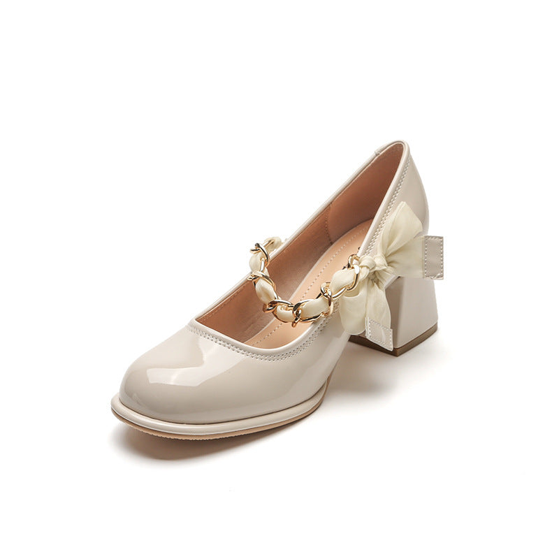 Round Toe Block Heels Pumps Eggshell