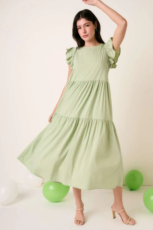 Mittoshop Ruffle Short Sleeve Tiered Maxi Dress SAGE