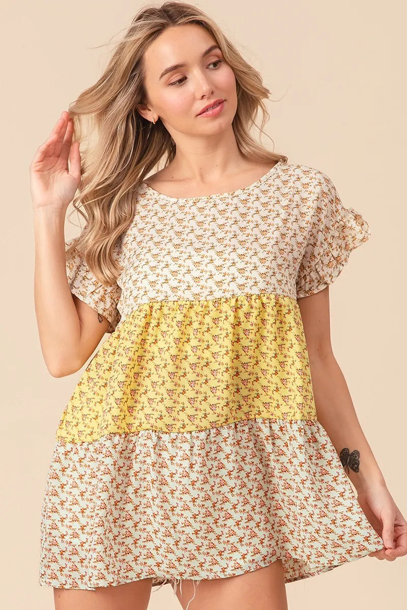 BiBi Flroal Printed Woven Color Block and Tiered Top