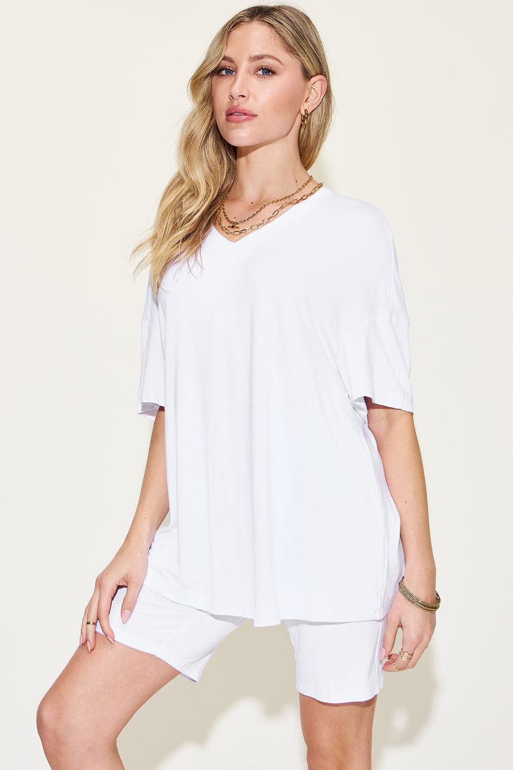 Basic Bae V-Neck T-Shirt and Shorts Set - Full Size Drop Shoulder Outfit White