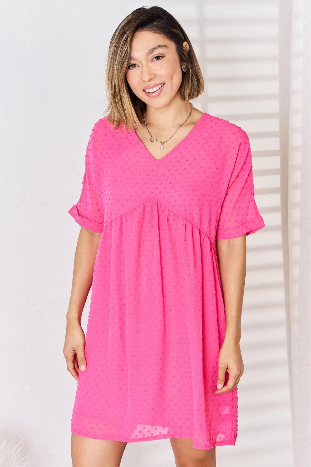 Zenana Swiss Dot Rolled Short Sleeve Babydoll Dress Fuchsia