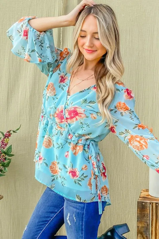 And The Why Floral Print Draw String Bell Sleeve Top