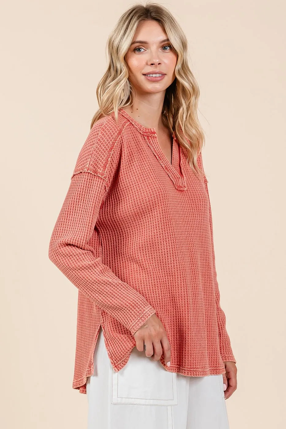 Mittoshop Mineral Wash Waffle Knit V-Neck Long Sleeve Top