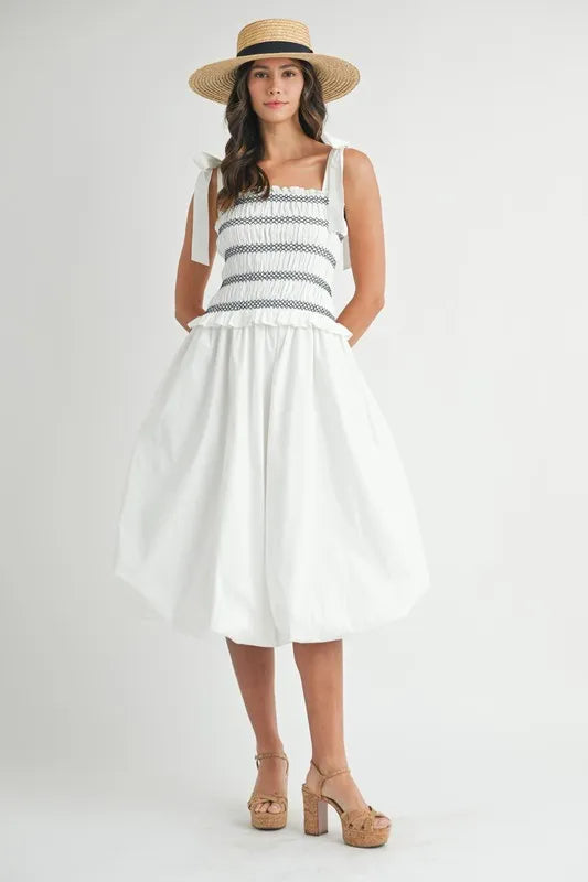 MABLE Smocked Bodice Bubble Midi Dress Off White