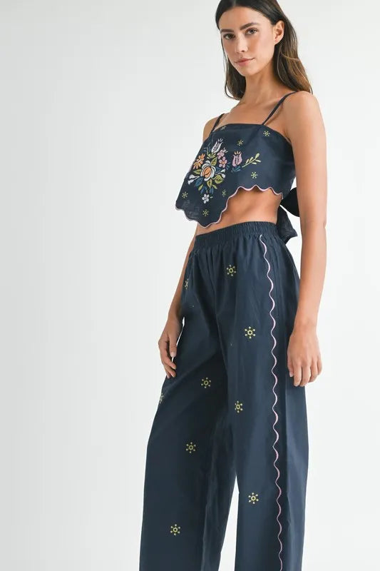 MABLE Linen Embroidered Scarf Top and Pants Set