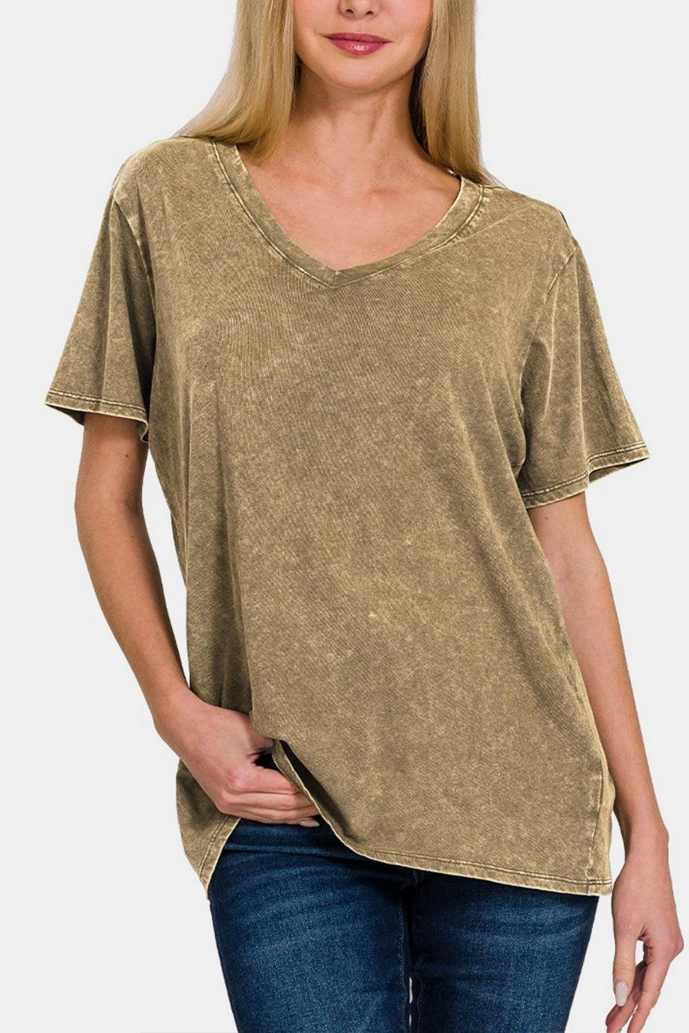 Zenana Washed Short Sleeve V-Neck T-Shirt Mocha
