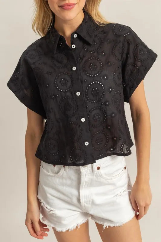 HYFVE Lightweight Eyelet Button Down Short Sleeve Shirt
