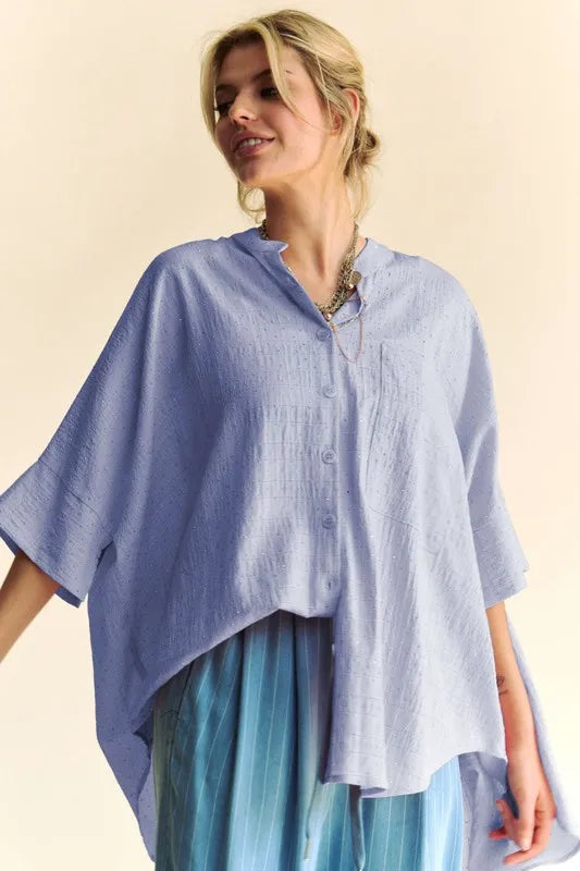 Davi & Dani Rhinestone Pleat Back Short Sleeve Loose Fit Shirt