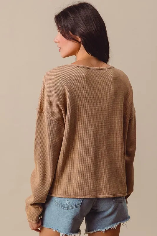 SO ME Frayed Cut Mineral Washed Deep V Neck Waffle Top