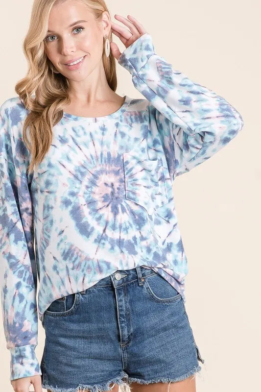 BiBi Tie Dye Print Terry Top with Front Patch Pocket