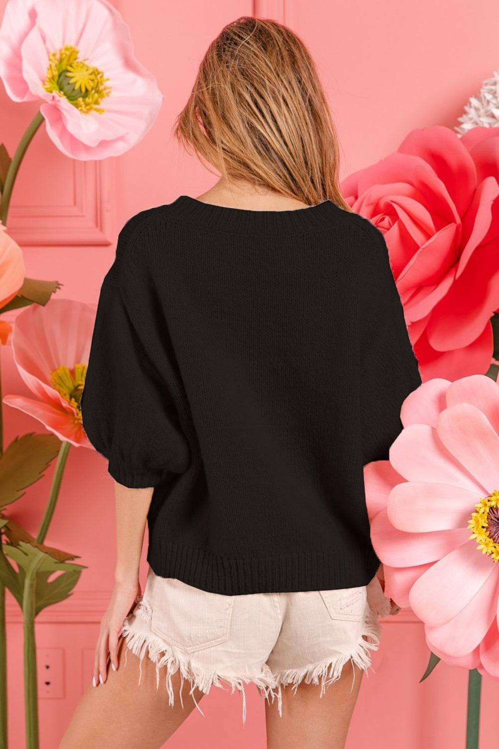 BiBi Metallic Letter Puff Sleeve Sweater for Stylish Comfort