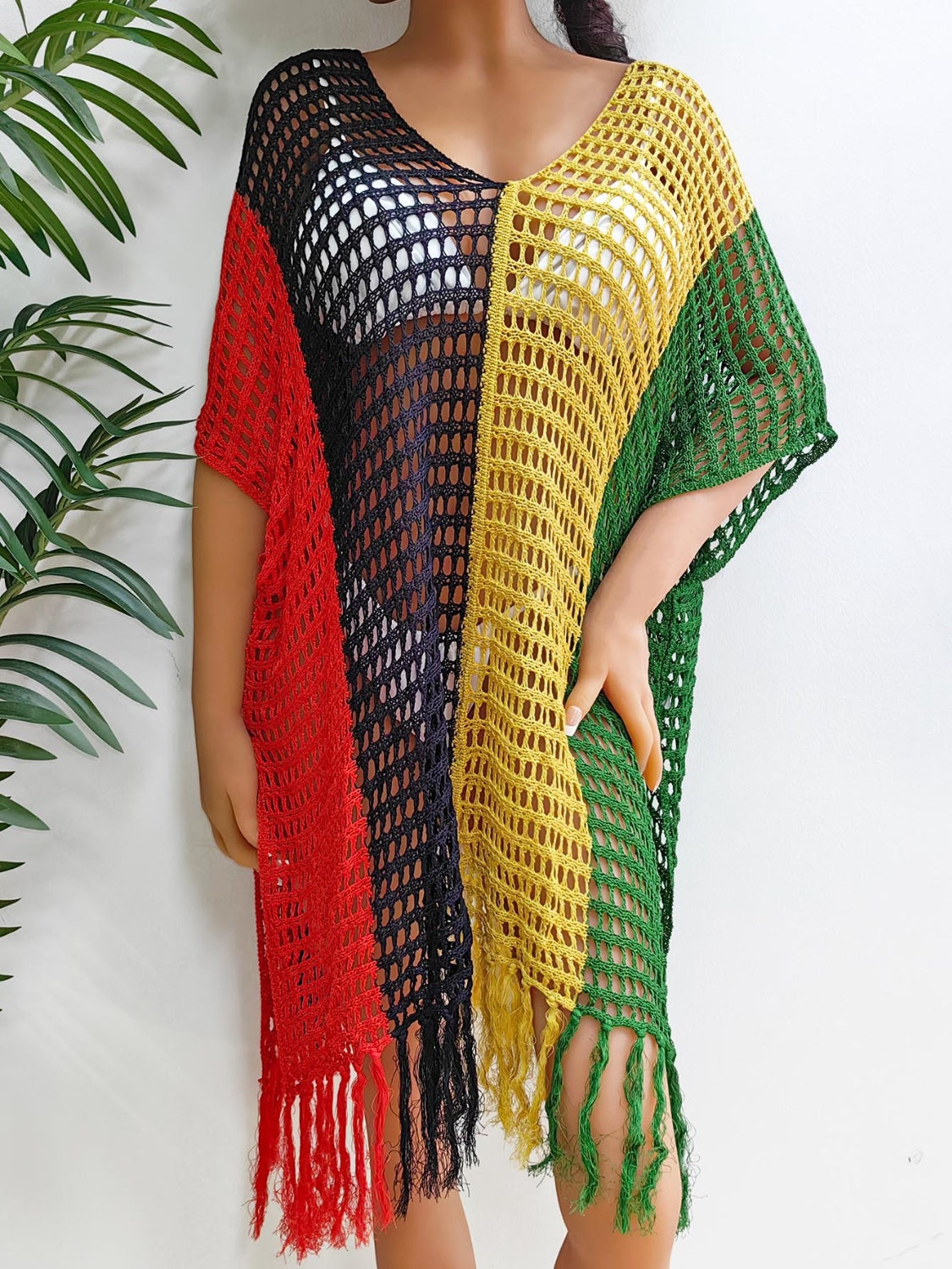 Fringe Color Block Scoop Neck Cover Up Green One Size