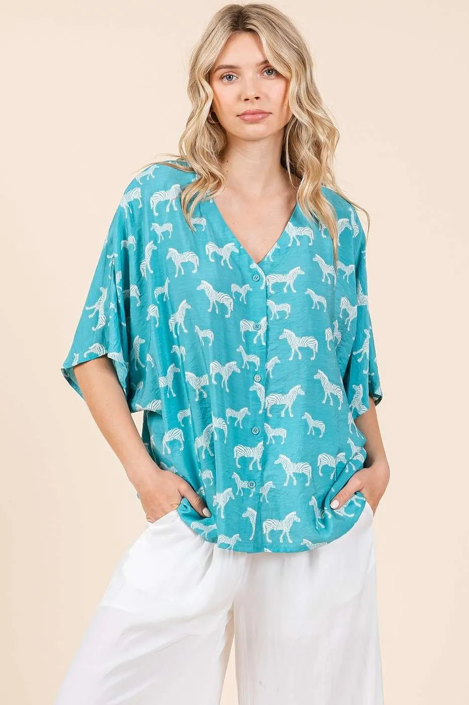 Mittoshop Zebra Print V-Neck Button Down Dolman Sleeve Top