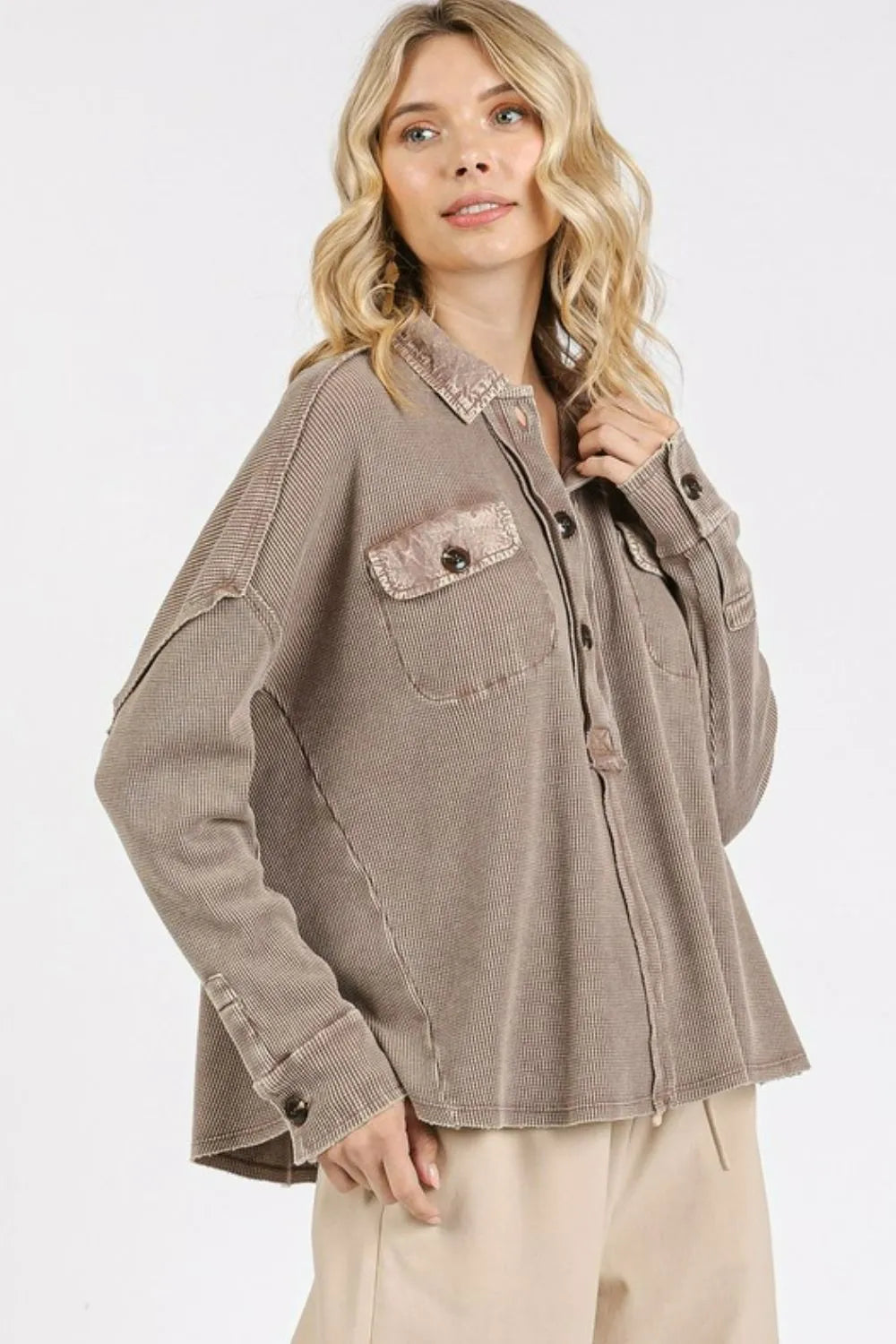 Mittoshop Mineral Wash Waffle Knit Collared Neck Henley Top